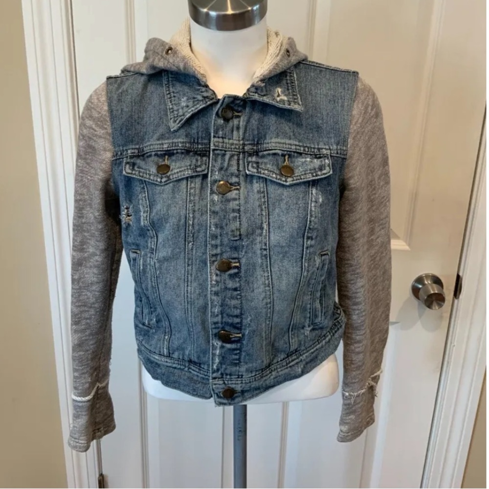 Free People - Throwback Distressed Blue Denim Combo Jacket w/ Hood - Picture 5 of 7